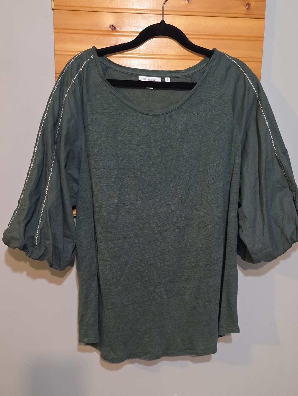 Chico's Olive Green Puff-Sleeve Top with Embellished Trim Size 3X